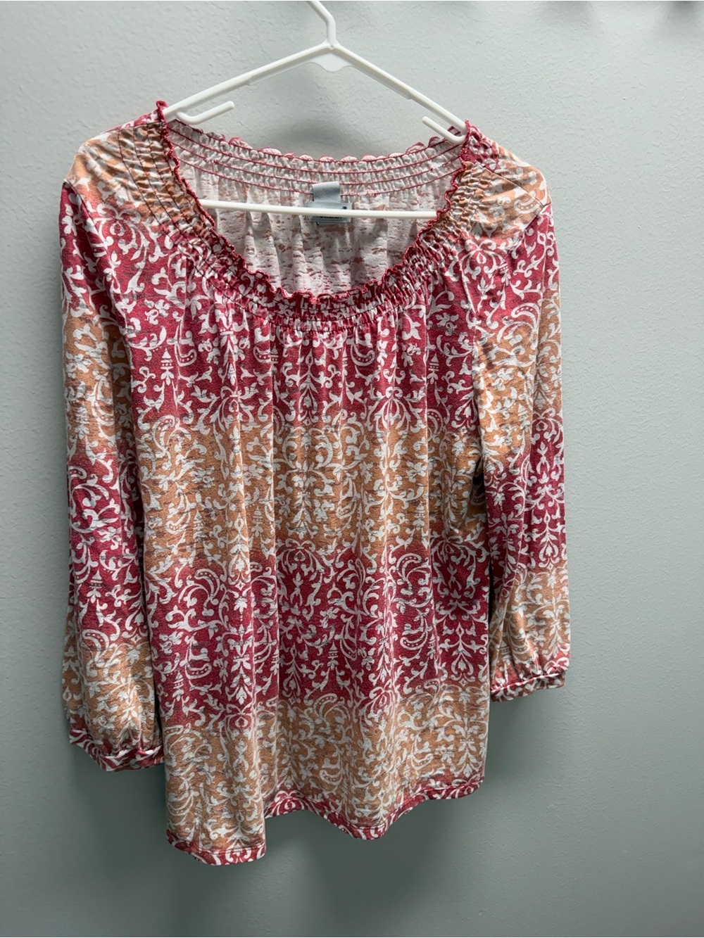 Caribbean Joe Burgundy and Coral Floral-Print Peasant Blouse